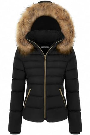 BodiLove Women's Fur Hooded Utility Jacket With Zipper and Fannel Lining Black S
