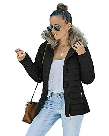 Vetinee Women Casual Faux Fur Lapel Zip Pockets Quilted Parka Jacket Puffer Coat Coatigan Jackets for Women Black Large (Fits US 12-US 14)