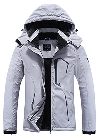 Pooluly Women's Ski Jacket Warm Winter Waterproof Windbreaker Hooded Raincoat Snowboarding Jackets Light Gray-XL