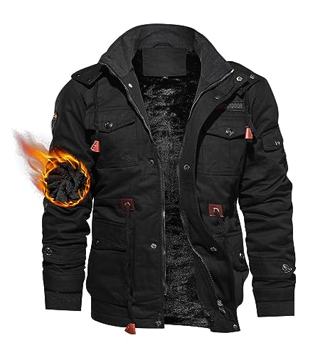 Mens Winter Jacket Mens Black Jacket Warm Jackets Winter Coats for Men Military Work Jackets with Hooded Black L
