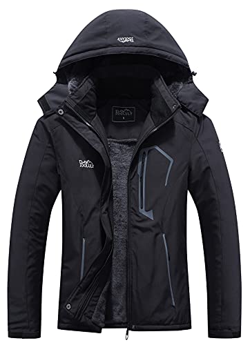 Pooluly Women's Ski Jacket Warm Winter Waterproof Windbreaker Hooded Raincoat Snowboarding Jackets Black-XL