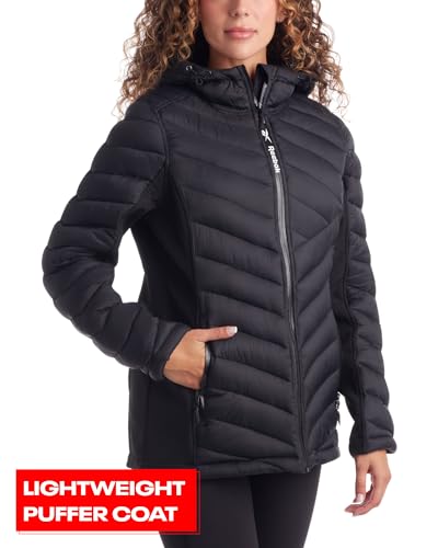 Reebok Women's Jacket - Lightweight Quilted Puffer Parka Coat with Flex Stretch Panels Casual Jacket for Women (S-XL), Size Medium, Black