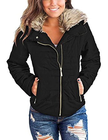Vetinee Women Casual Faux Fur Lapel Zip Pockets Quilted Parka Jacket Puffer Coat Coatigan Jackets for Women Black Large (Fits US 12-US 14)