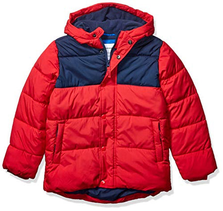 Boys' Heavyweight Hooded Puffer Jacket, Navy Red Color Block, Small