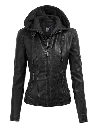 LL WJC1044 Womens Faux Leather Quilted Motorcycle Jacket with Hoodie L BLACK